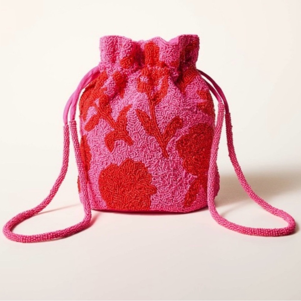 Pink & Red Floral Beaded Mini Drawstring Bag